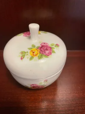 ~ Painted Flowers on White Round Trinket Box w/ Lid Porcelain Apple Shape