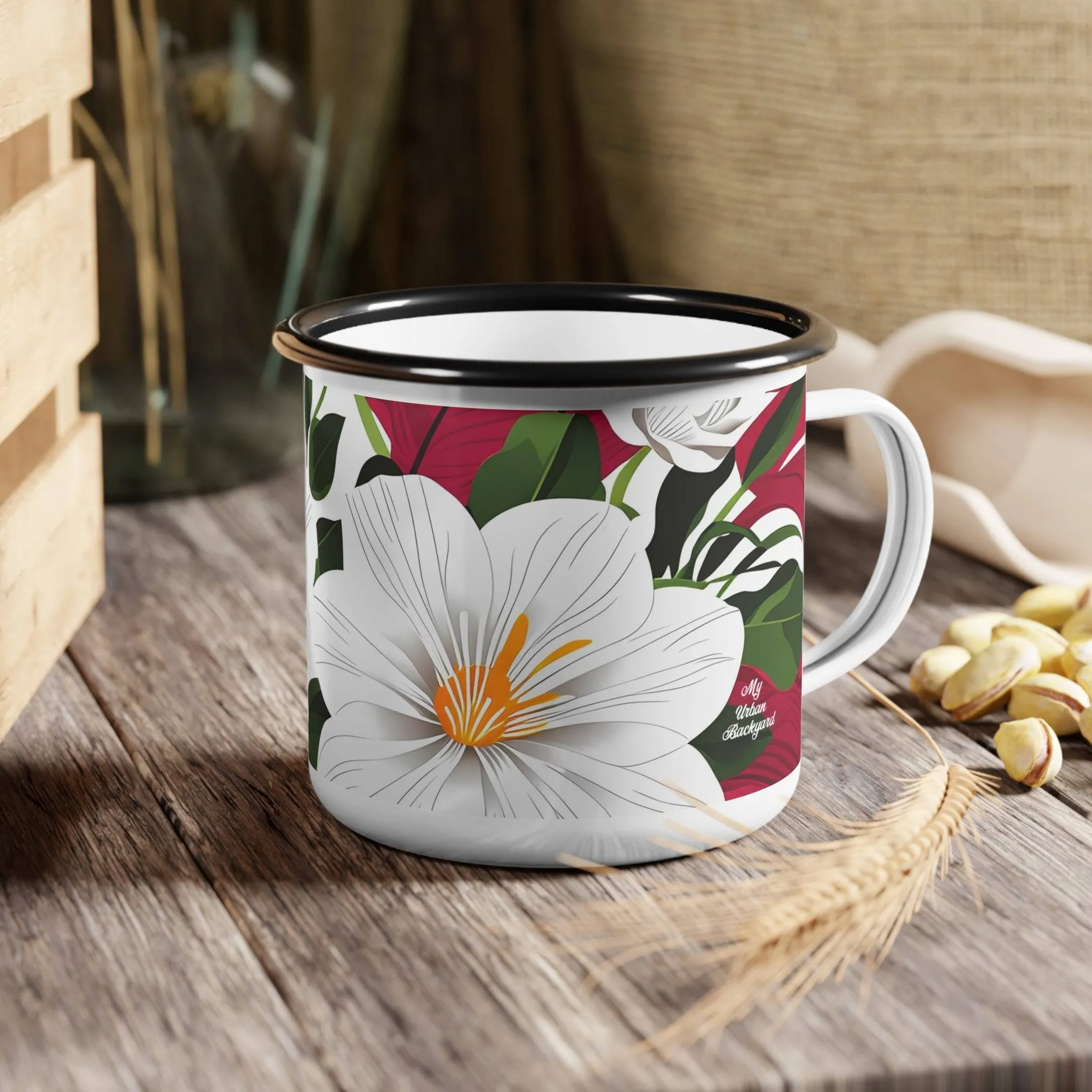 12oz Enamel Camping Mug for Coffee, Tea, Hot Cocoa, or Cereal - White Flowers on Red