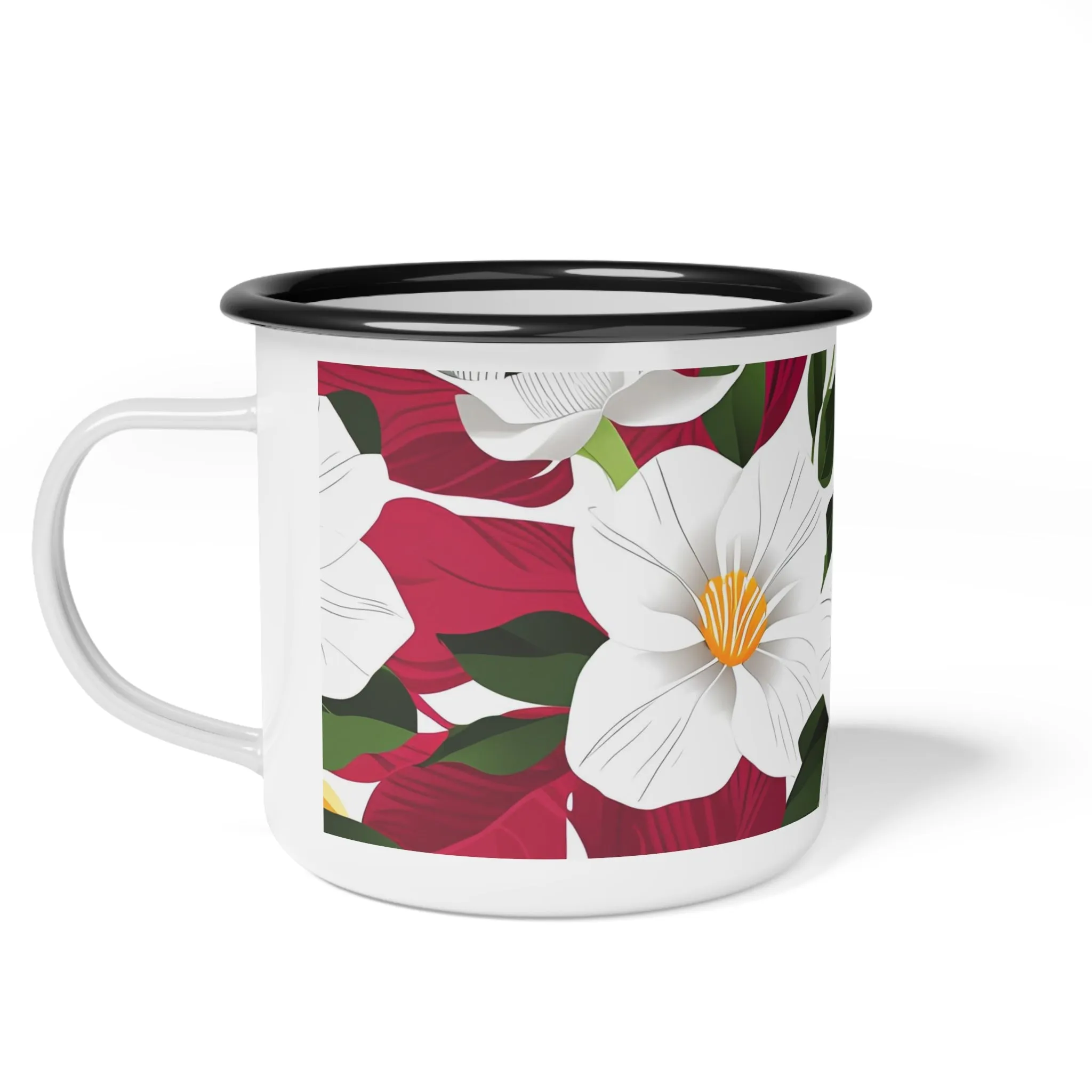 12oz Enamel Camping Mug for Coffee, Tea, Hot Cocoa, or Cereal - White Flowers on Red