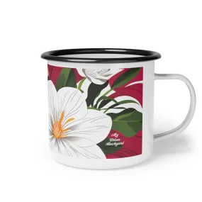 12oz Enamel Camping Mug for Coffee, Tea, Hot Cocoa, or Cereal - White Flowers on Red