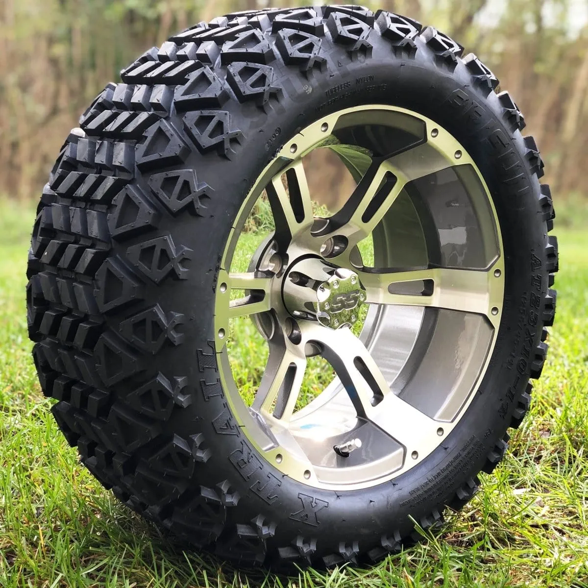 14" Stallion Gunmetal & Machined Aluminum Golf Cart Wheels and 23x10-14 DOT All Terrain Off-Road Golf Cart Tires Combo - Set of 4 (Choose your tire!)