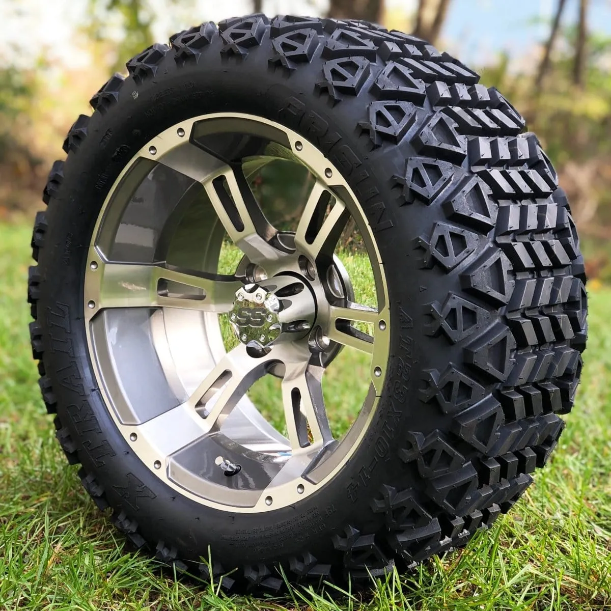 14" Stallion Gunmetal & Machined Aluminum Golf Cart Wheels and 23x10-14 DOT All Terrain Off-Road Golf Cart Tires Combo - Set of 4 (Choose your tire!)