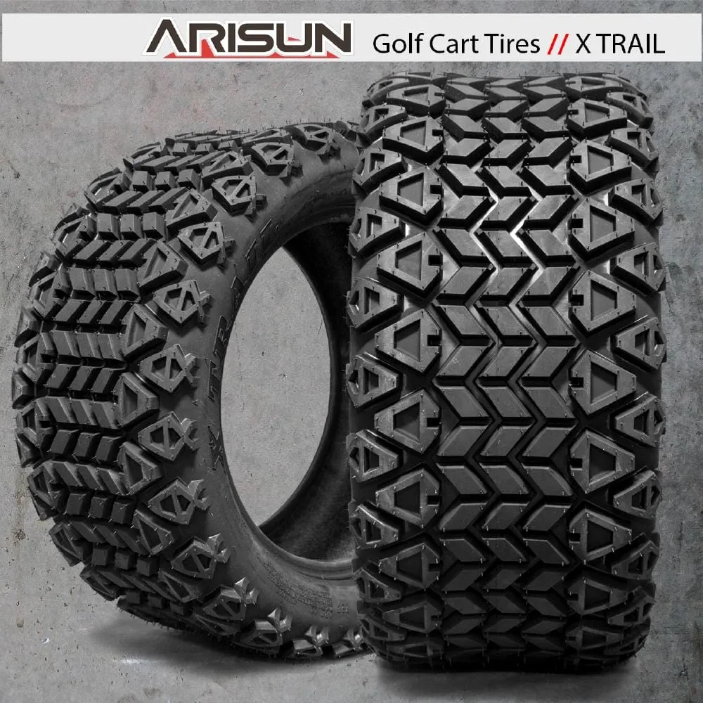 14" Stallion Gunmetal & Machined Aluminum Golf Cart Wheels and 23x10-14 DOT All Terrain Off-Road Golf Cart Tires Combo - Set of 4 (Choose your tire!)