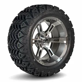 14" Stallion Gunmetal & Machined Aluminum Golf Cart Wheels and 23x10-14 DOT All Terrain Off-Road Golf Cart Tires Combo - Set of 4 (Choose your tire!)