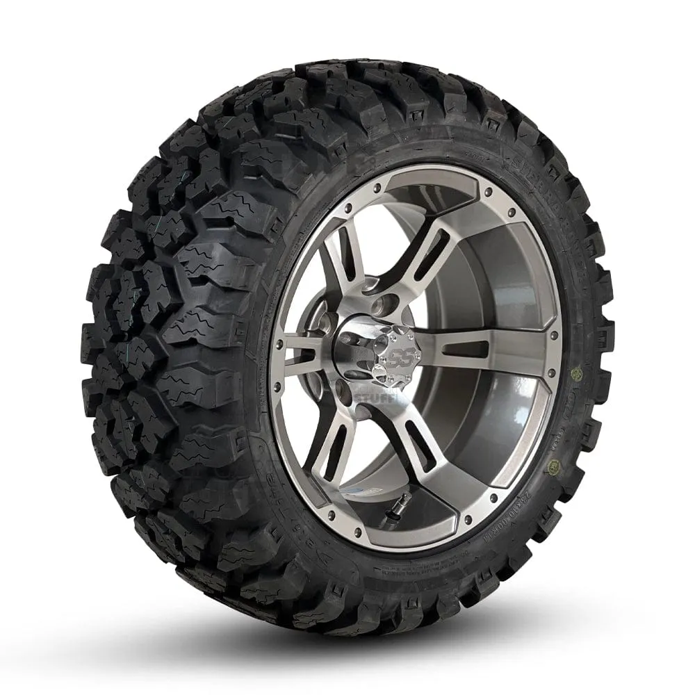 14" Stallion Gunmetal & Machined Aluminum Golf Cart Wheels and 23x10-14 DOT All Terrain Off-Road Golf Cart Tires Combo - Set of 4 (Choose your tire!)