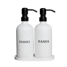 16 Oz White Glass Hand and Dish Soap Dispenser Set with Tray and Pumps