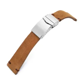 20mm or 22mm MiLTAT Camel Genuine Leather One-piece Suede Quick Release Watch Strap, V-Clasp