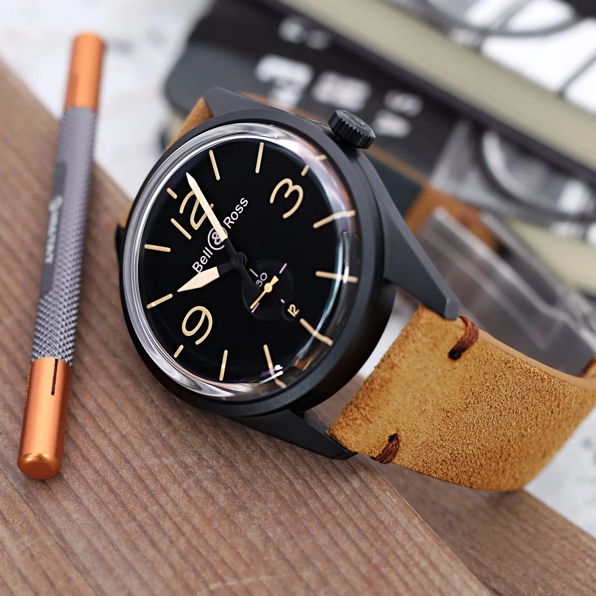 20mm or 22mm MiLTAT Camel Genuine Leather One-piece Suede Quick Release Watch Strap, V-Clasp