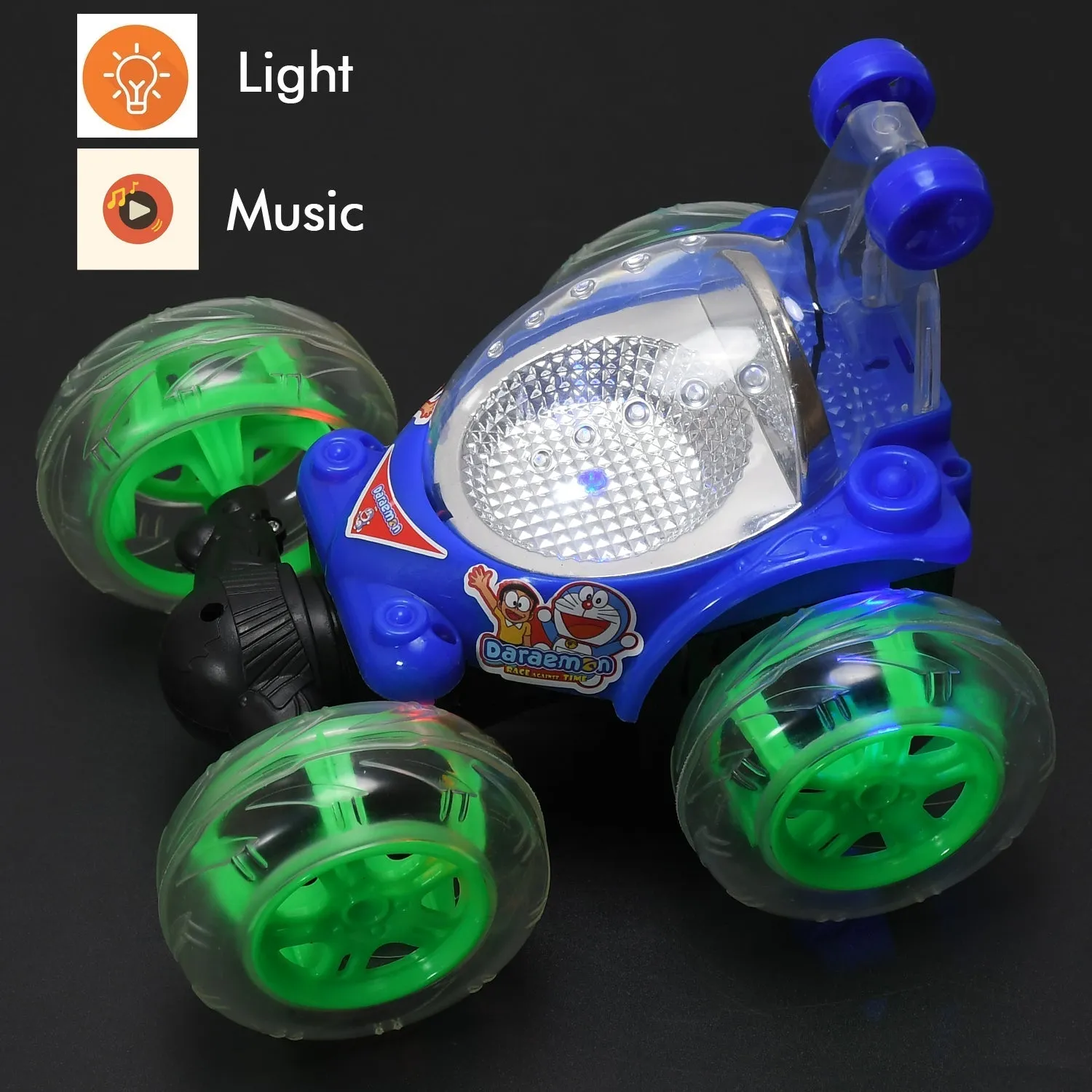 4482 Rechargeable 360 degree stunt rolling remote control car with colourful 3d lights and music for kids