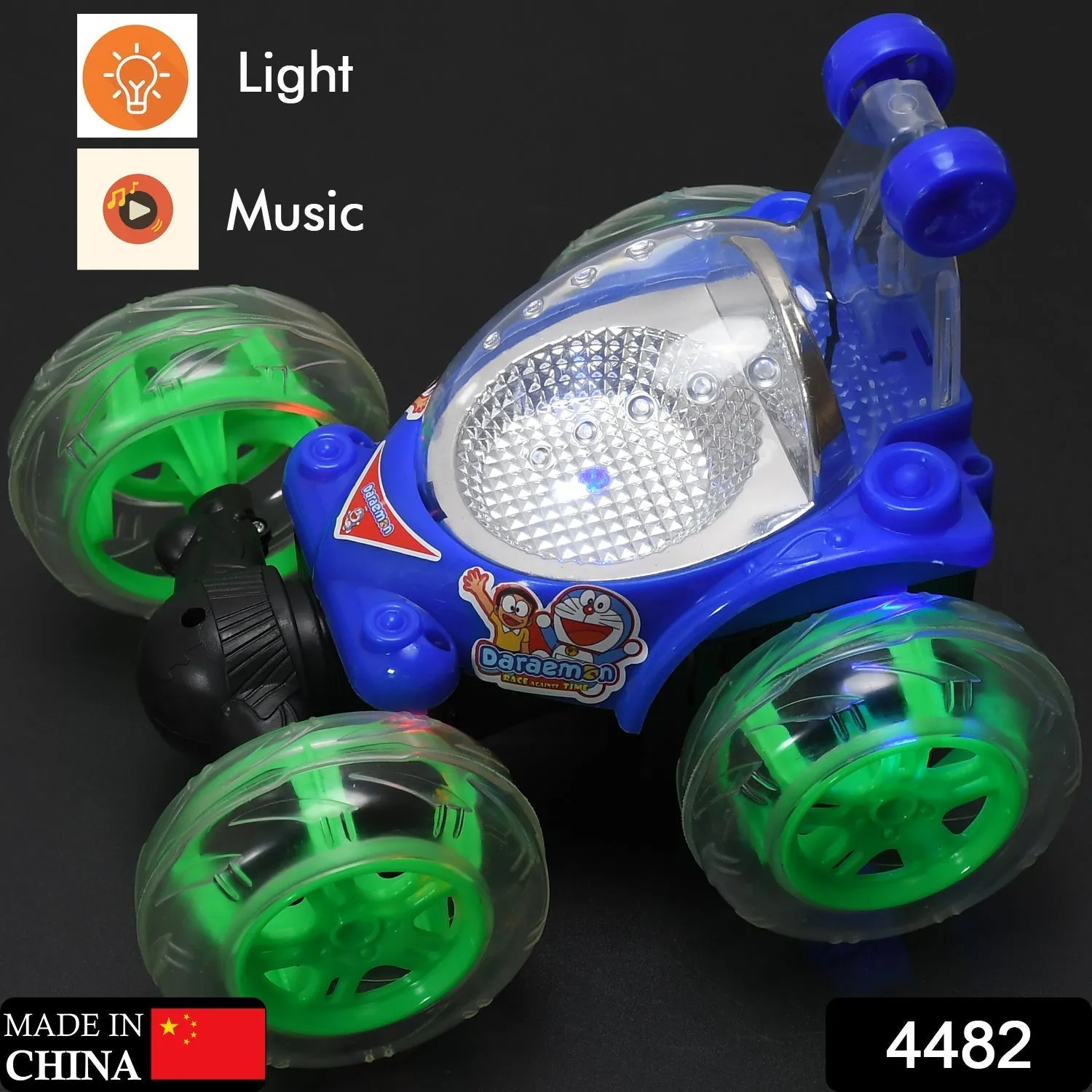 4482 Rechargeable 360 degree stunt rolling remote control car with colourful 3d lights and music for kids