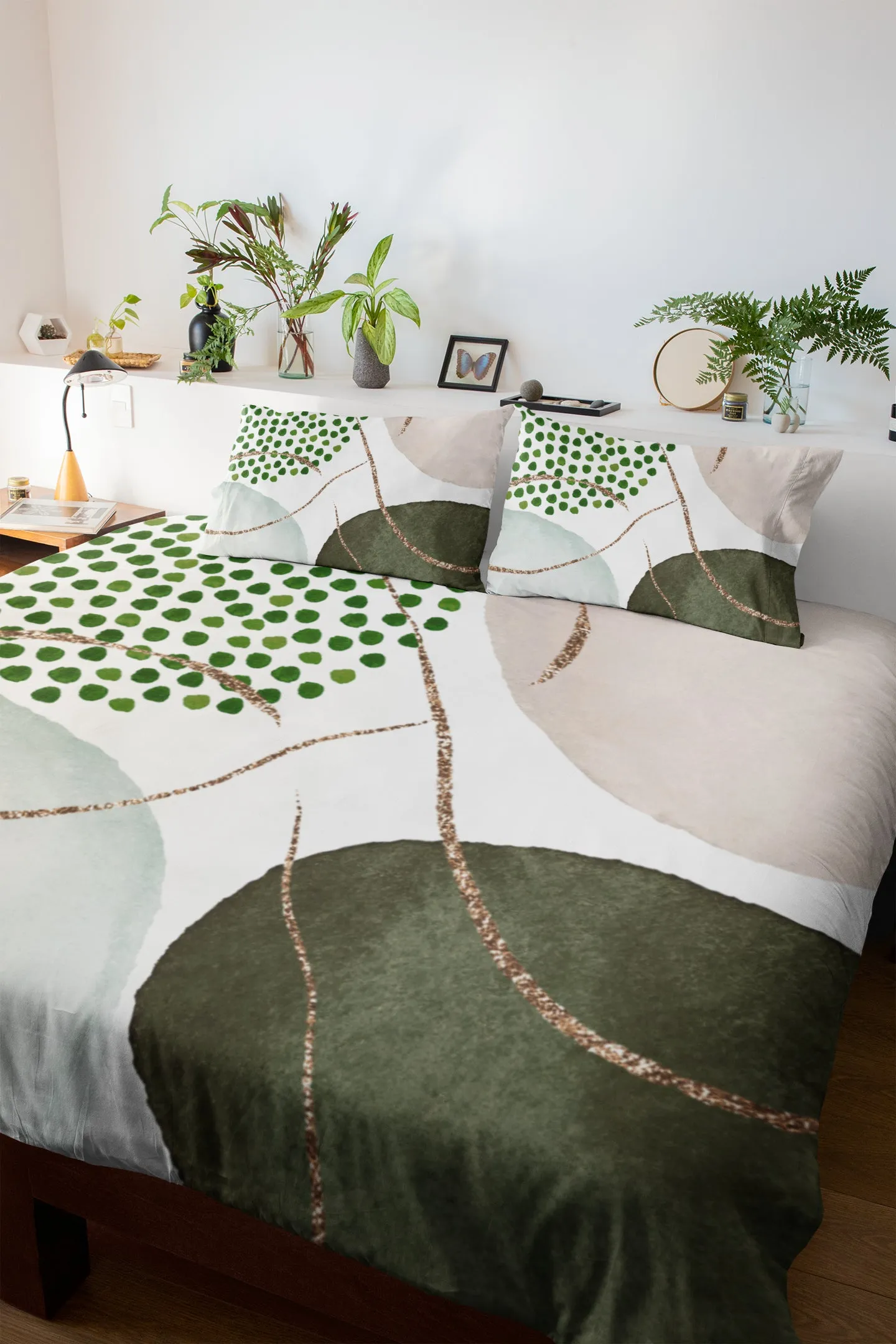 Abstract Duvet Cover | Dark Sage Green, Moss Green, Blush Pink White