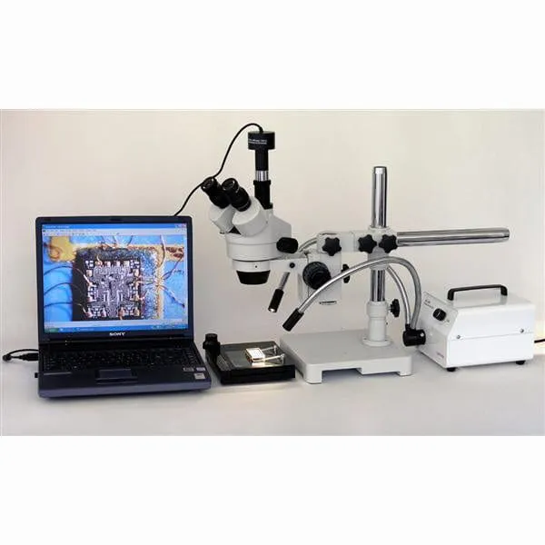 AmScope SM-3T Series Trinocular Zoom Stereo Microscope 3.5X-45X Magnification on Single Arm Boom Stand