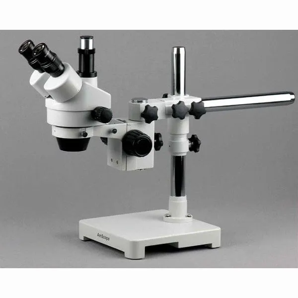 AmScope SM-3T Series Trinocular Zoom Stereo Microscope 3.5X-45X Magnification on Single Arm Boom Stand