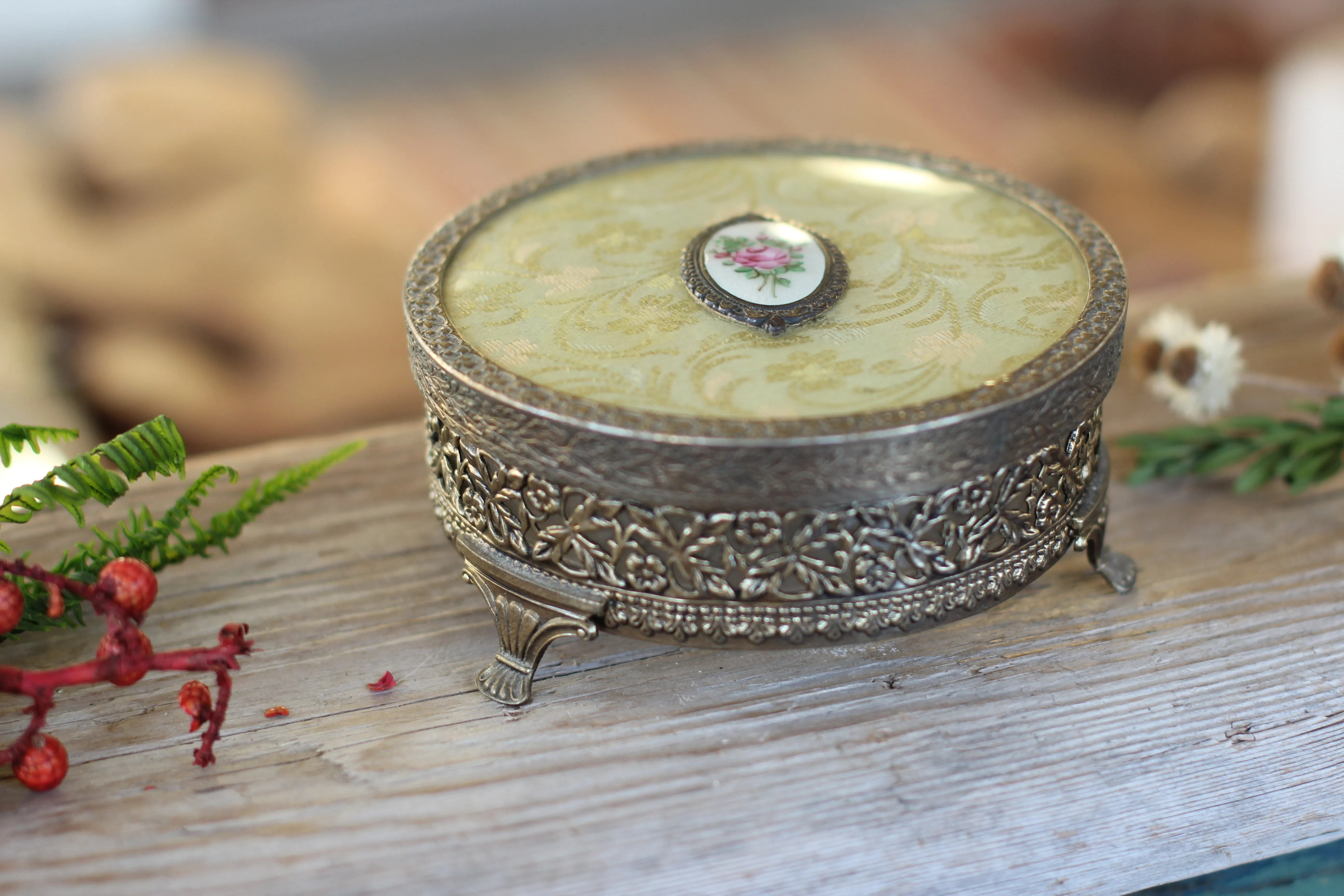 Antique Floral Gold Brocade Filigree Jar