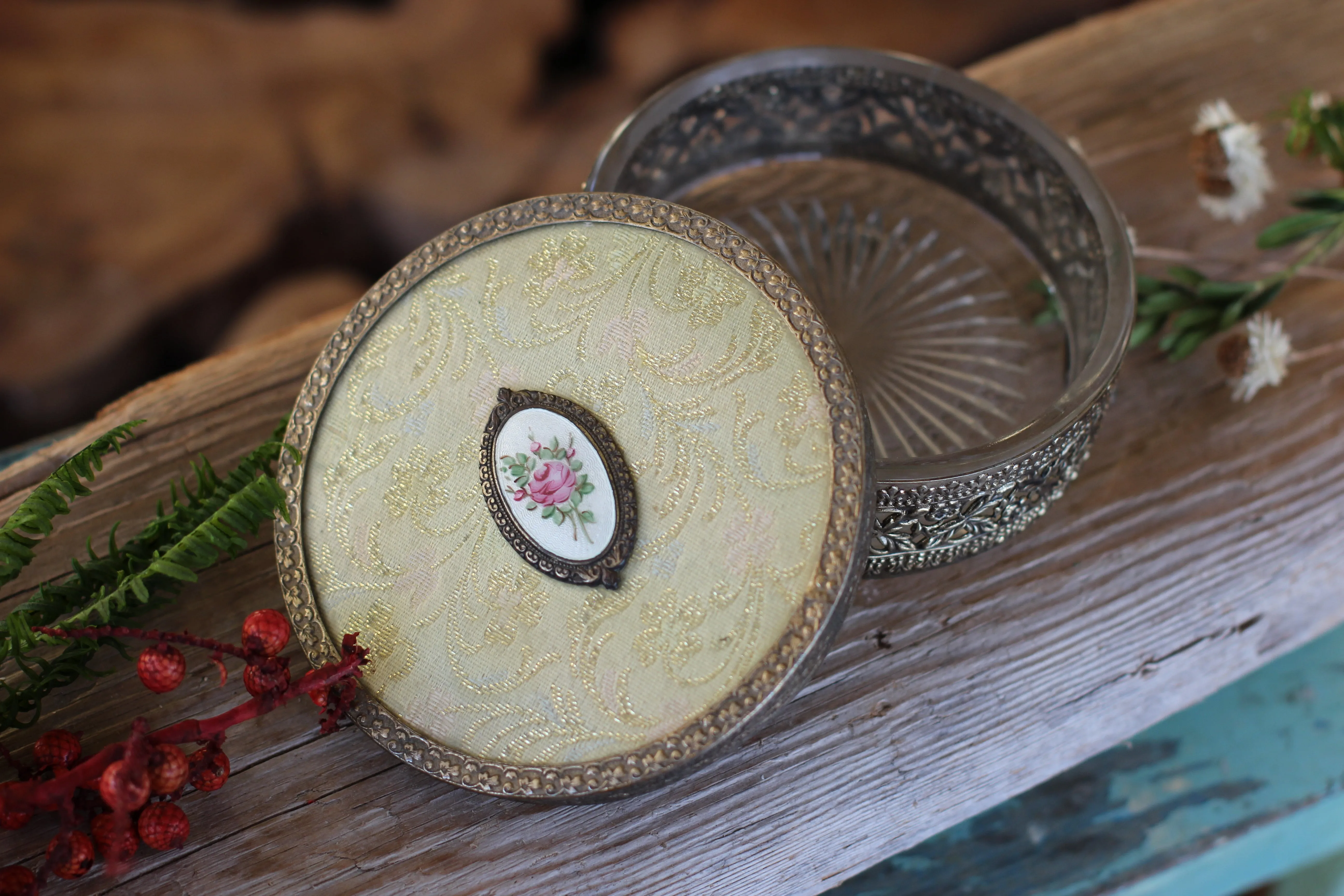 Antique Floral Gold Brocade Filigree Jar