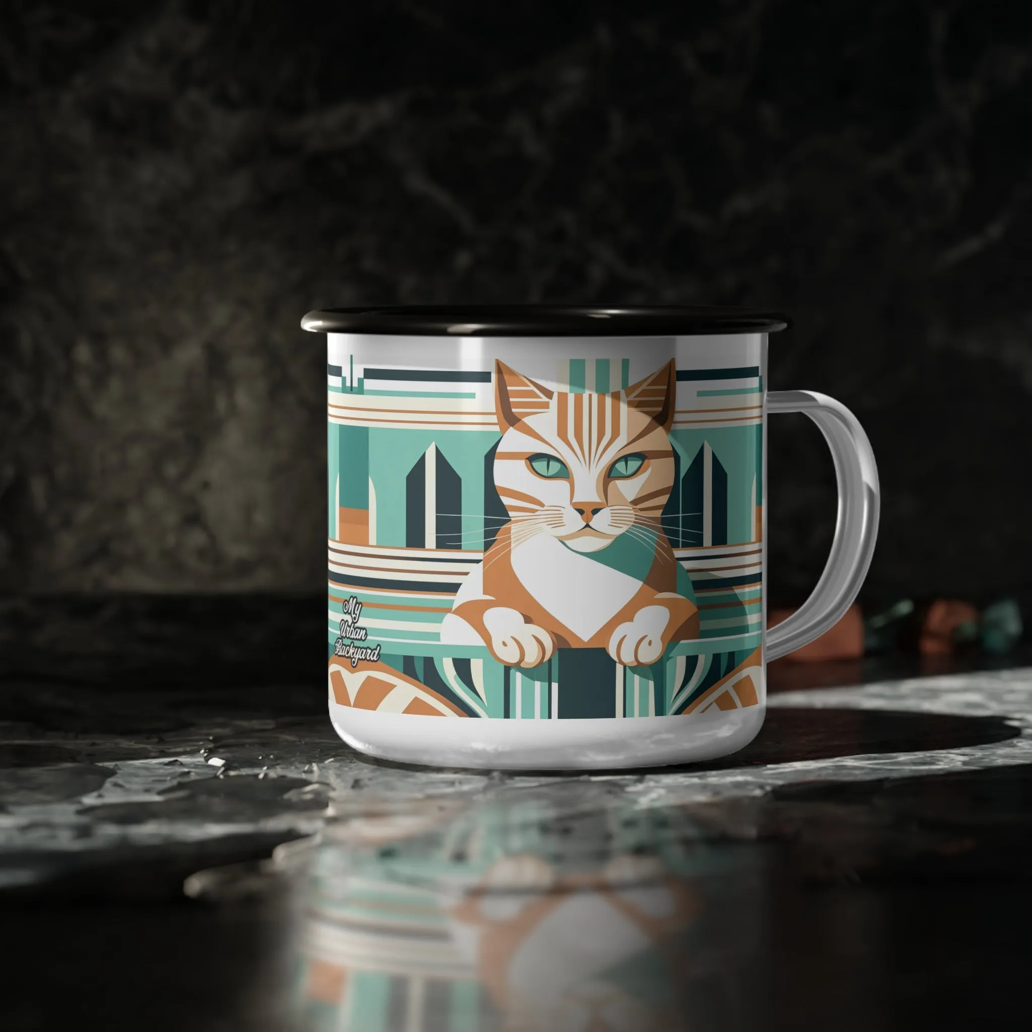 Art Deco Tabby, Enamel Camping Mug for Coffee, Tea, Cocoa, or Cereal - 12oz