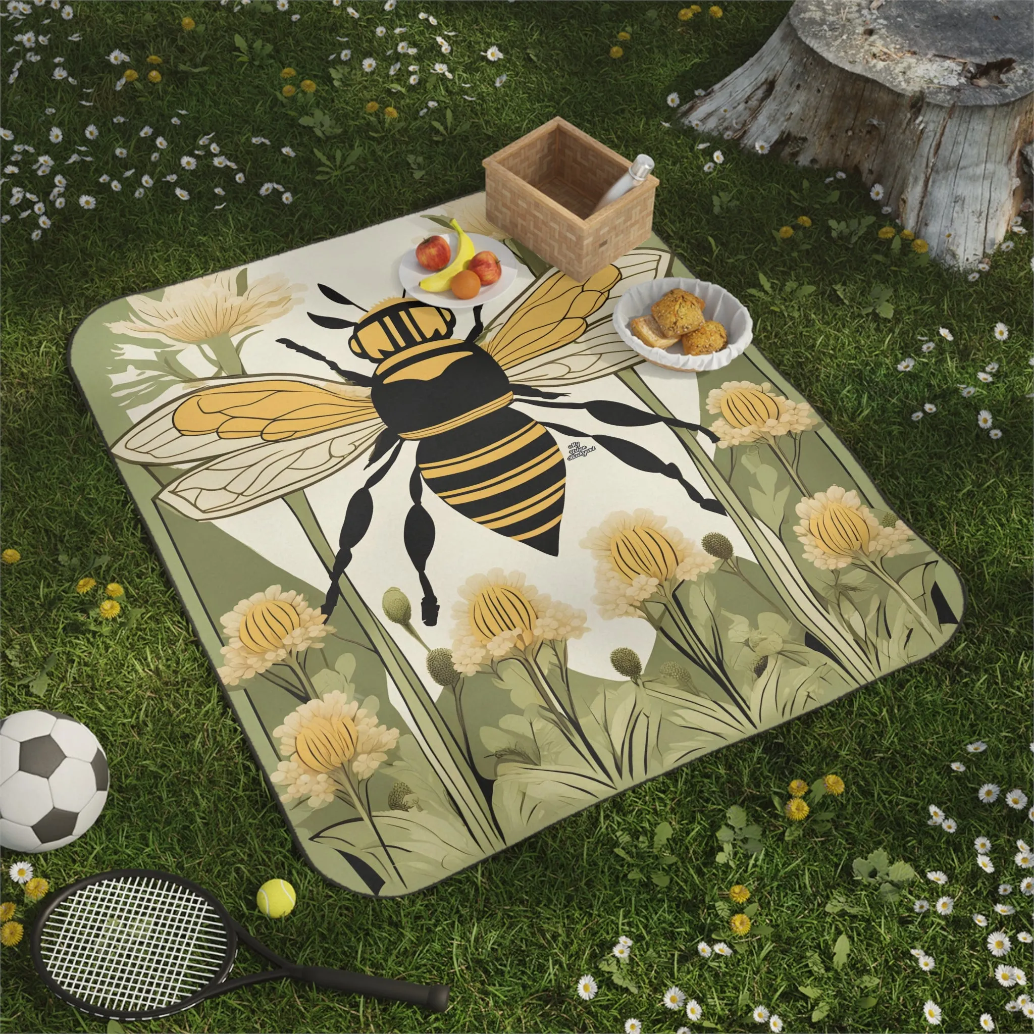 Bee with Flowers, Outdoor Picnic Blanket with Soft Fleece Top, Water-Resistant Bottom, 51" × 61"