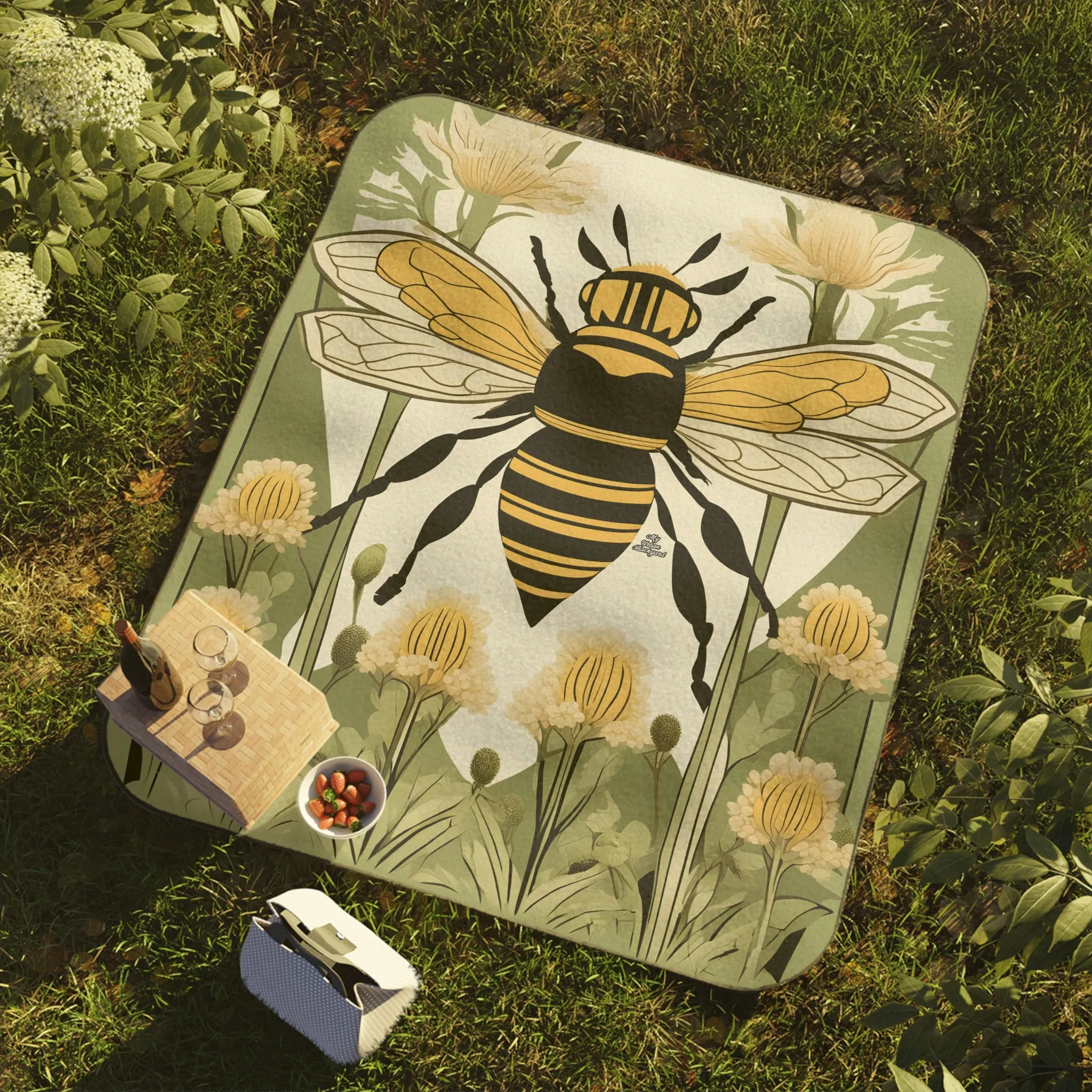 Bee with Flowers, Outdoor Picnic Blanket with Soft Fleece Top, Water-Resistant Bottom, 51" × 61"