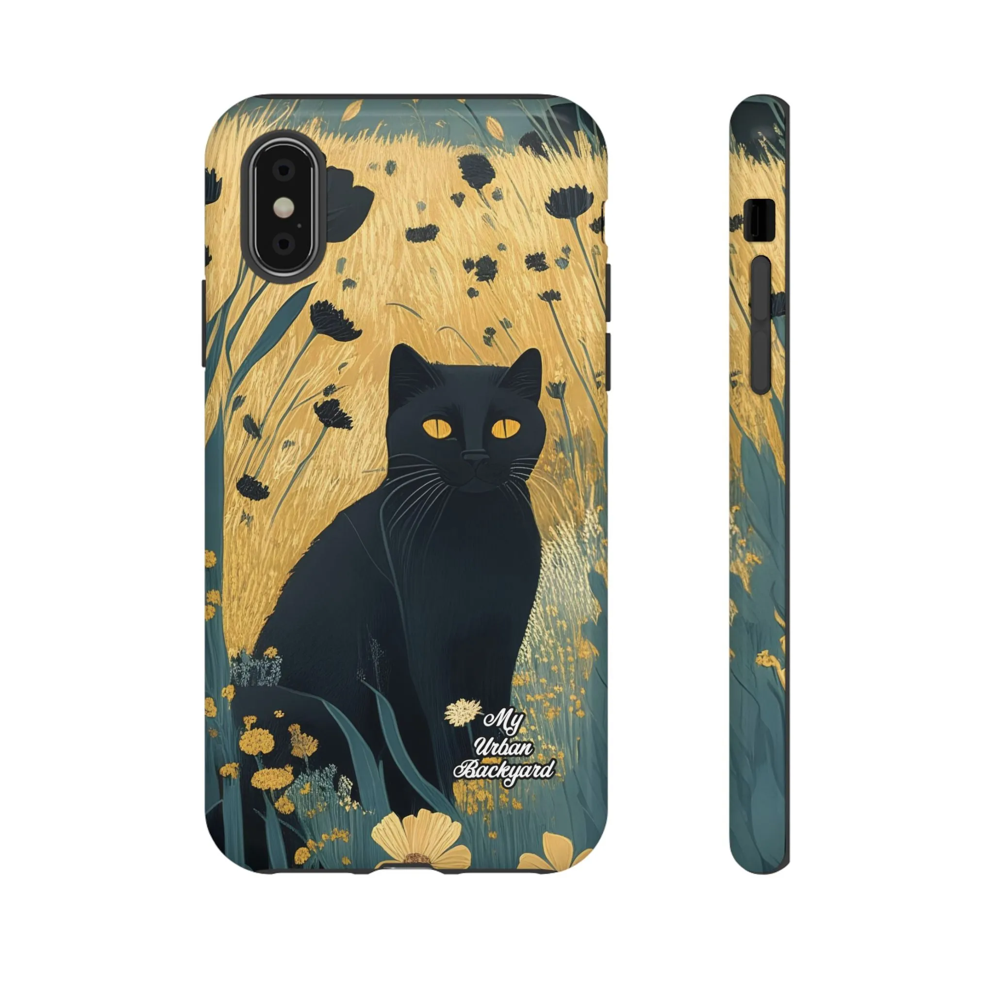 Black Cat with Black Flowers, Cell Phone Case - Apple, Samsung or Google Pixel