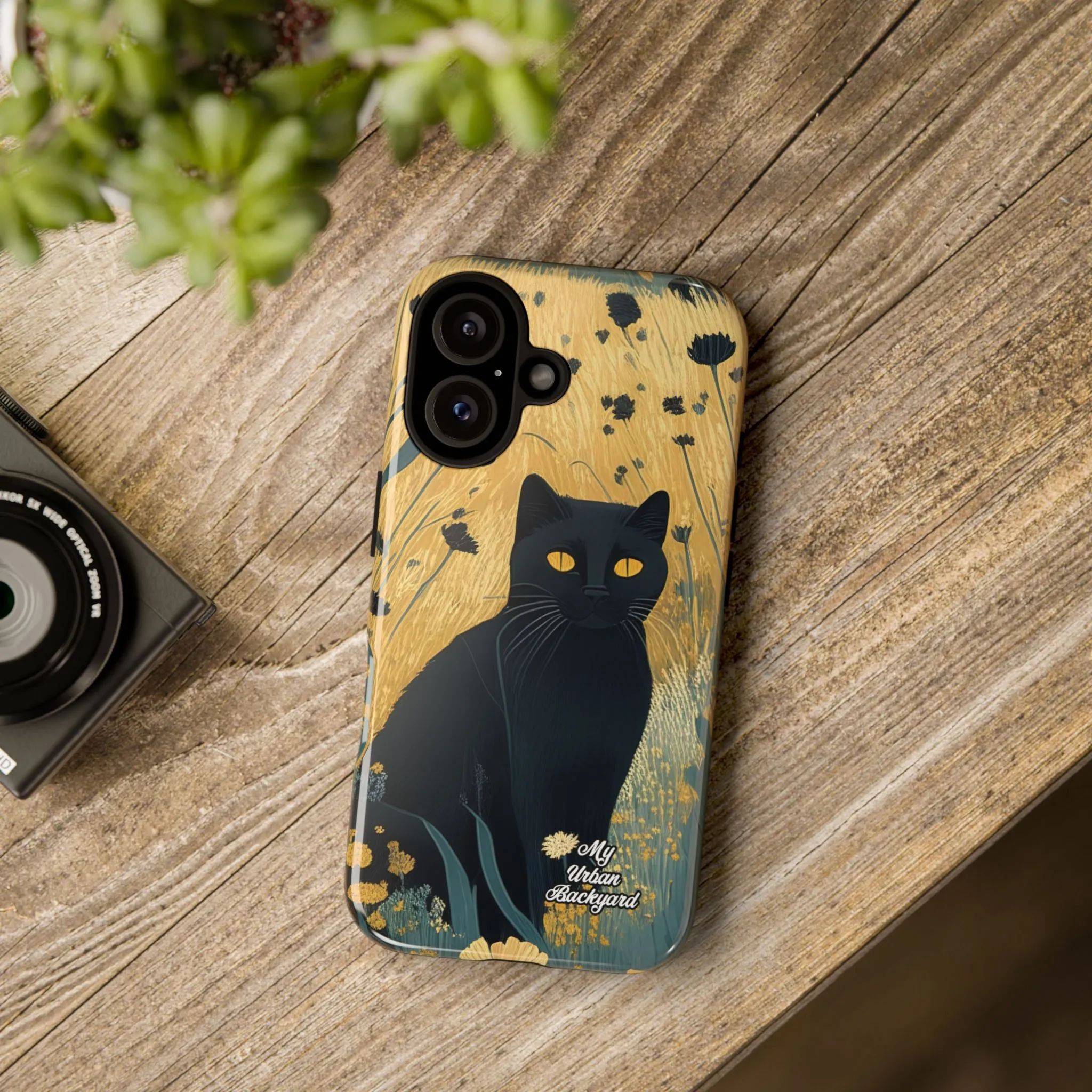 Black Cat with Black Flowers, Cell Phone Case - Apple, Samsung or Google Pixel