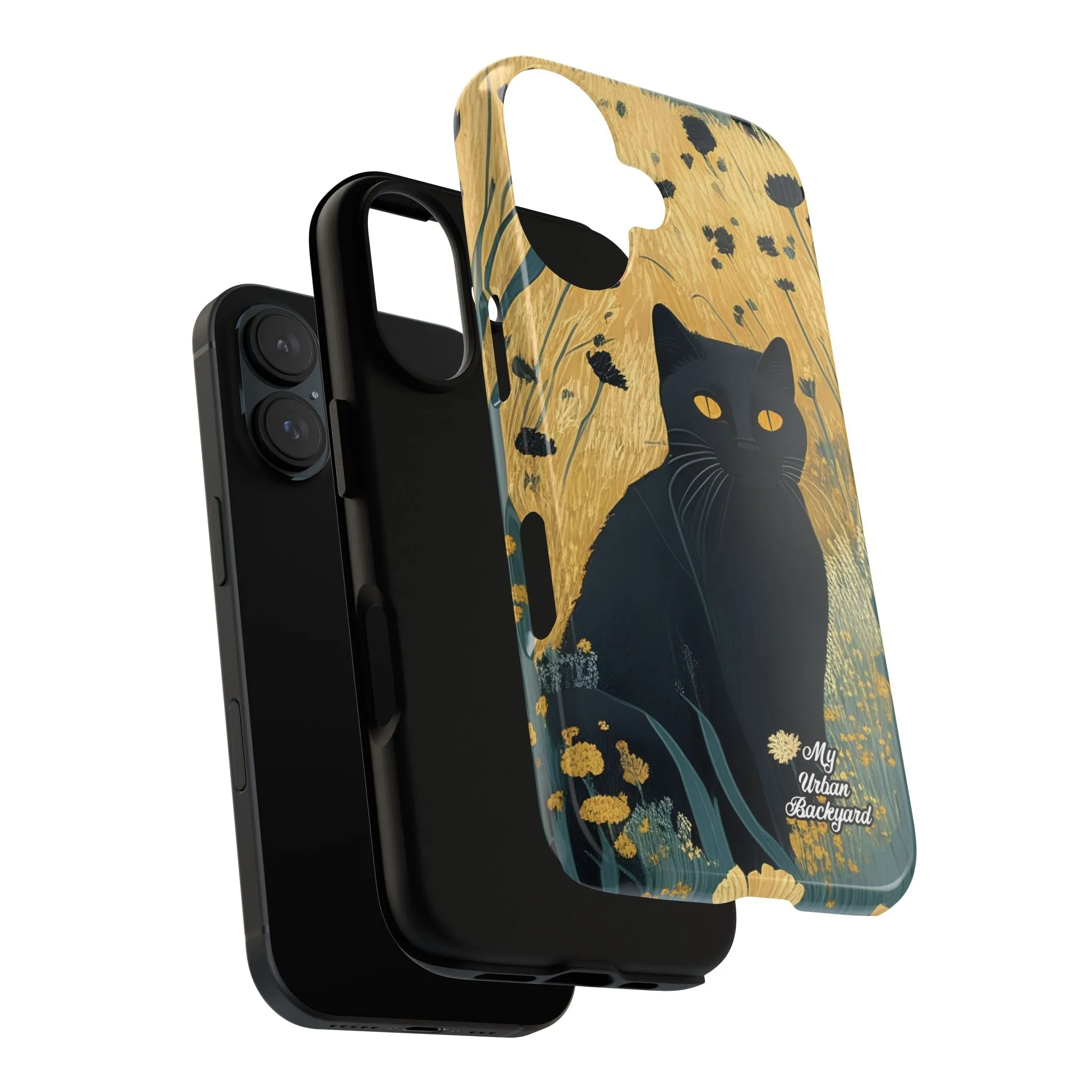 Black Cat with Black Flowers, Cell Phone Case - Apple, Samsung or Google Pixel