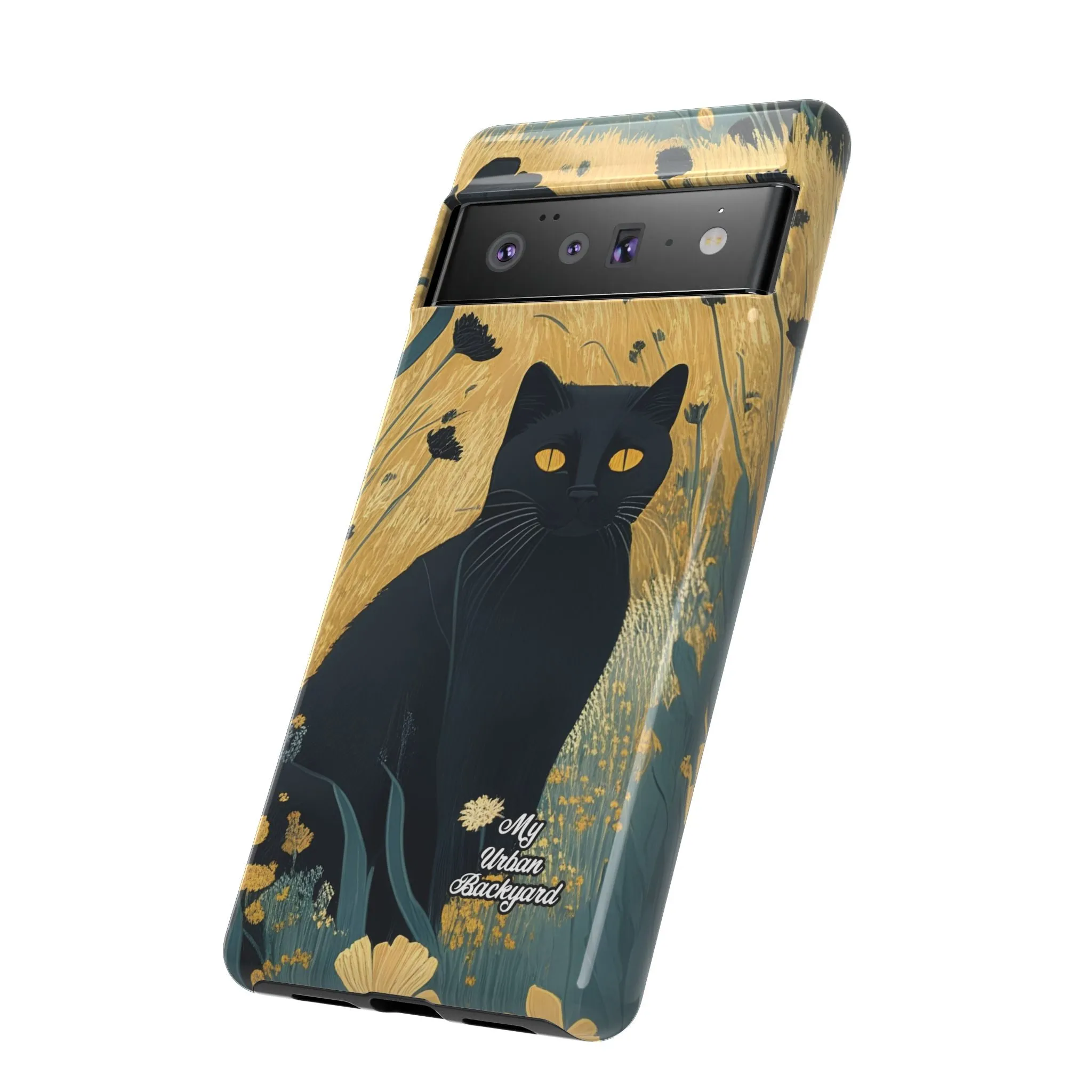 Black Cat with Black Flowers, Cell Phone Case - Apple, Samsung or Google Pixel