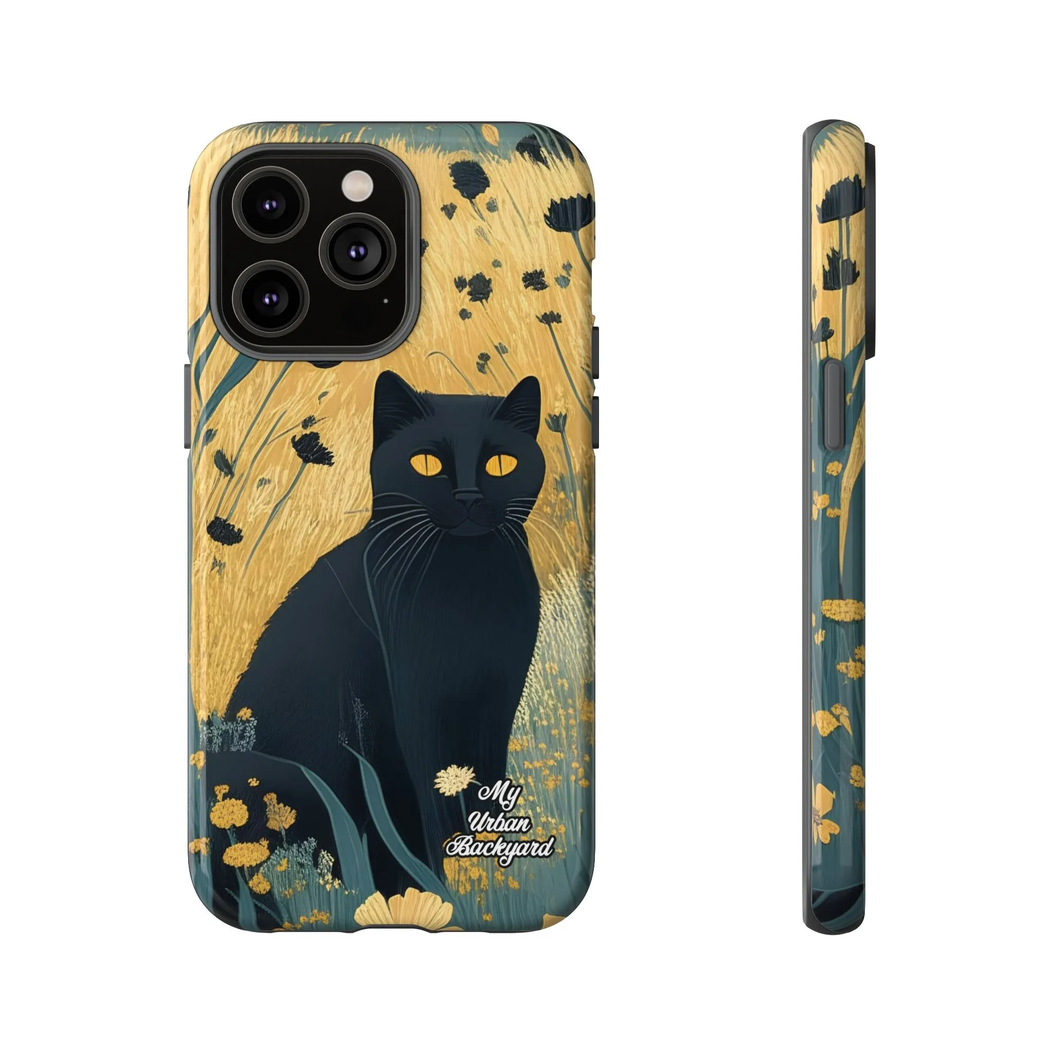 Black Cat with Black Flowers, Cell Phone Case - Apple, Samsung or Google Pixel