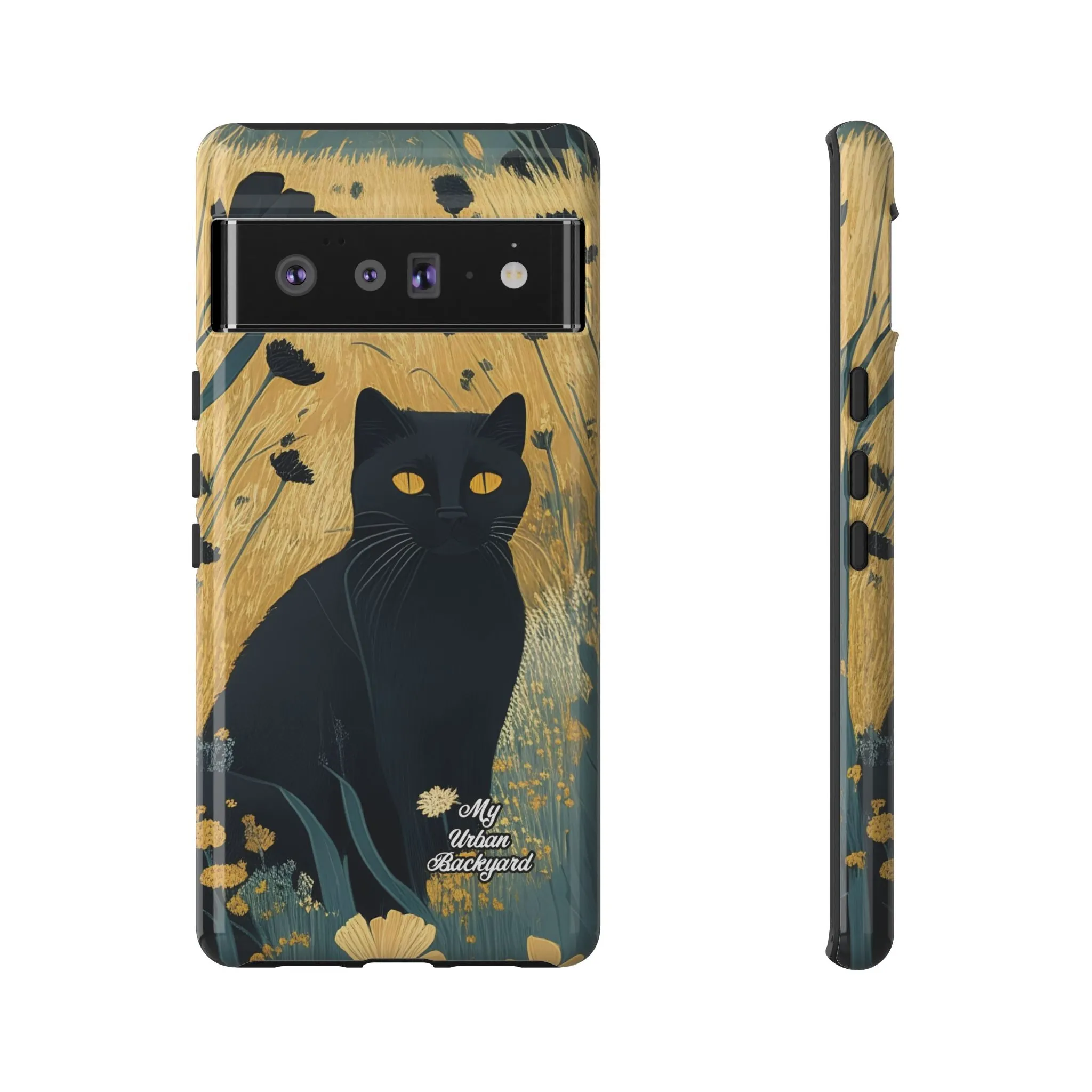 Black Cat with Black Flowers, Cell Phone Case - Apple, Samsung or Google Pixel