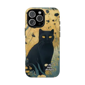 Black Cat with Black Flowers, Cell Phone Case - Apple, Samsung or Google Pixel