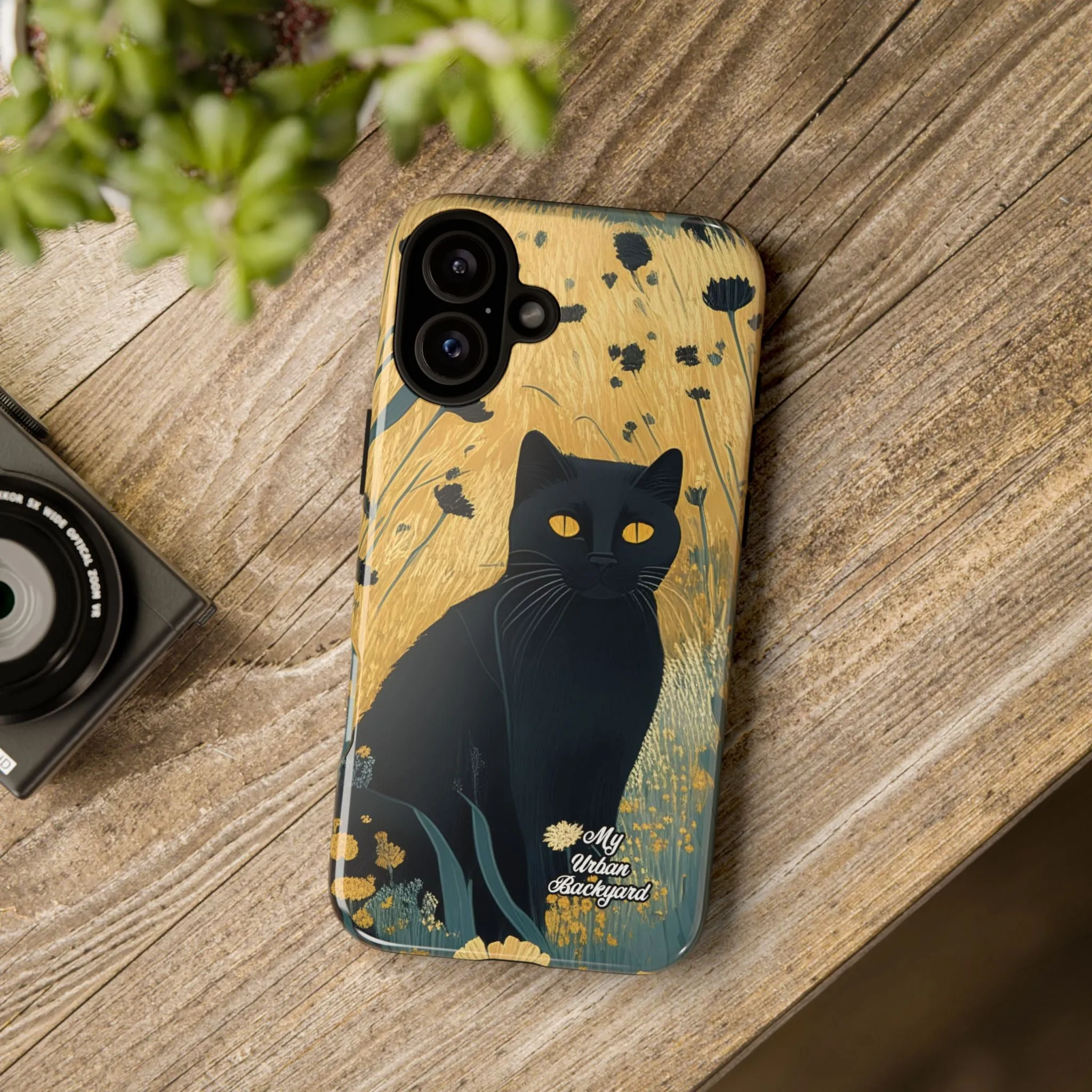 Black Cat with Black Flowers, Cell Phone Case - Apple, Samsung or Google Pixel