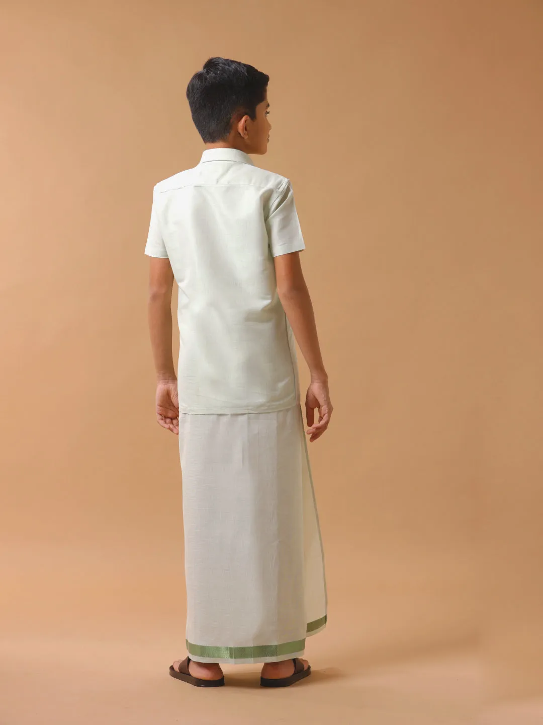 Boys Tissue Jari Half Sleeve Shirt Dhoti Set Sankalpam Moss Green