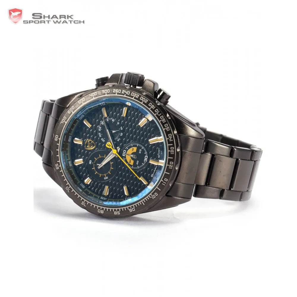 Brand New Shark Sport Watch Bezel Chronograph 24 Hours Black Yellow Dial Stainless Steel Band Men Outdoor Wristwatch Gift