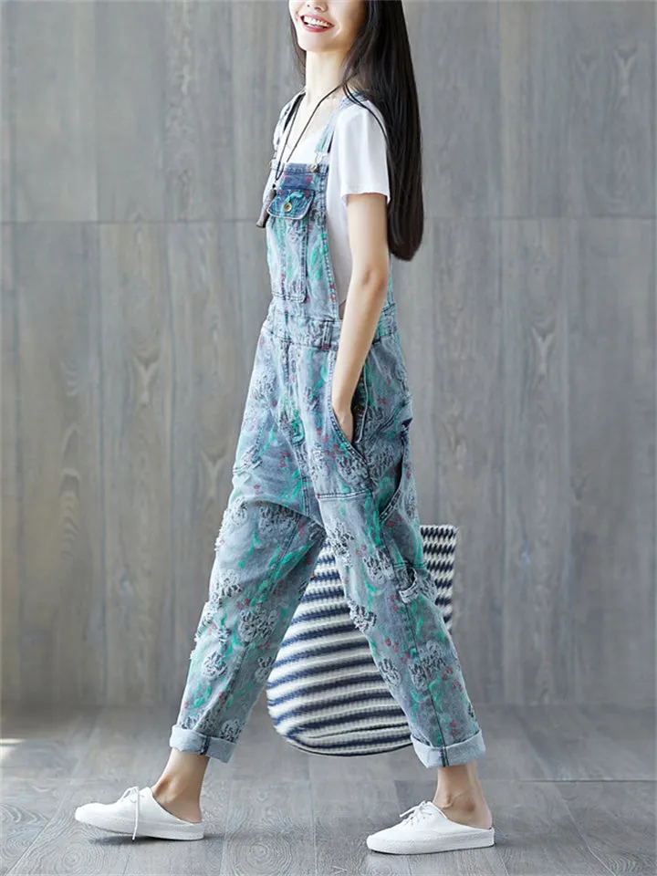 Casual Printed Pockets Denim Jumpsuits