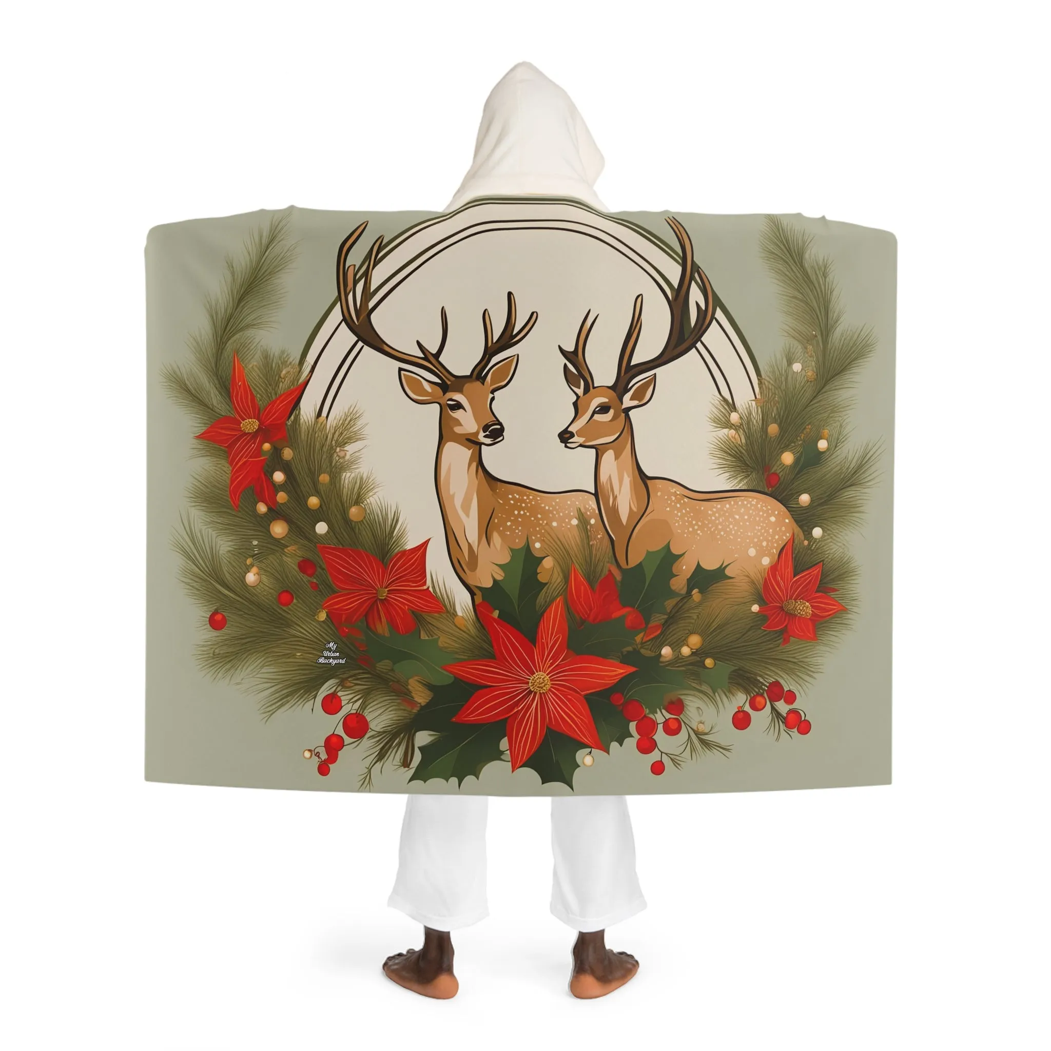 Deer with Evergreen Foliage, Cozy Hooded Sherpa Fleece Blanket