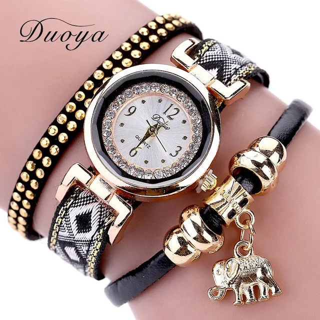 Duoya Luxury Brand Fashion Women Gold Elephant Quartz Crystal Dress Bracelet Watch Clock Female Women Girl Wristwatches Gift