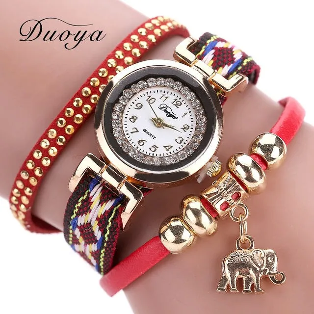 Duoya Luxury Brand Fashion Women Gold Elephant Quartz Crystal Dress Bracelet Watch Clock Female Women Girl Wristwatches Gift