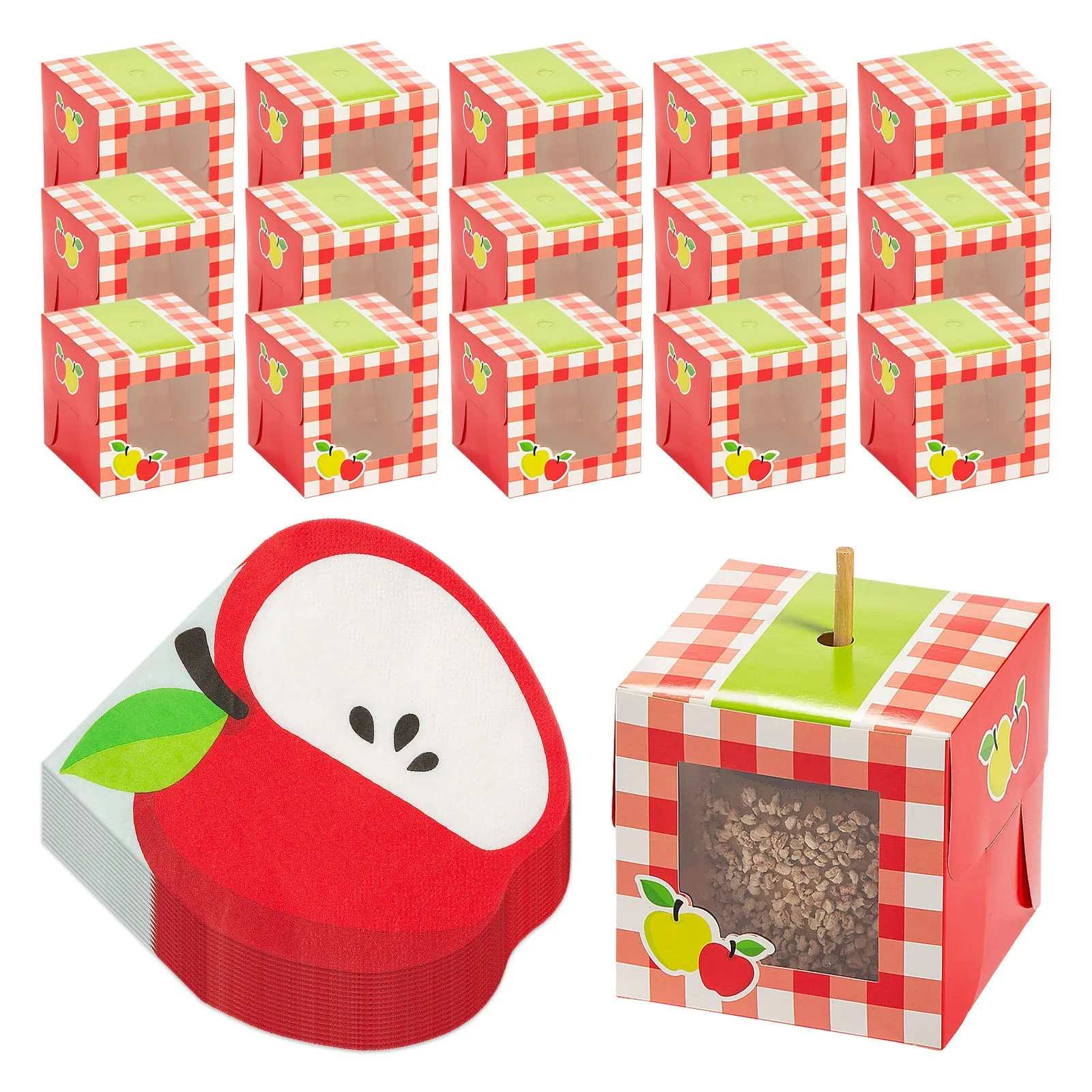 Fall Party Red Checkered Caramel Apple Boxes and Apple Shaped Lunch Napkins (Serves 16)