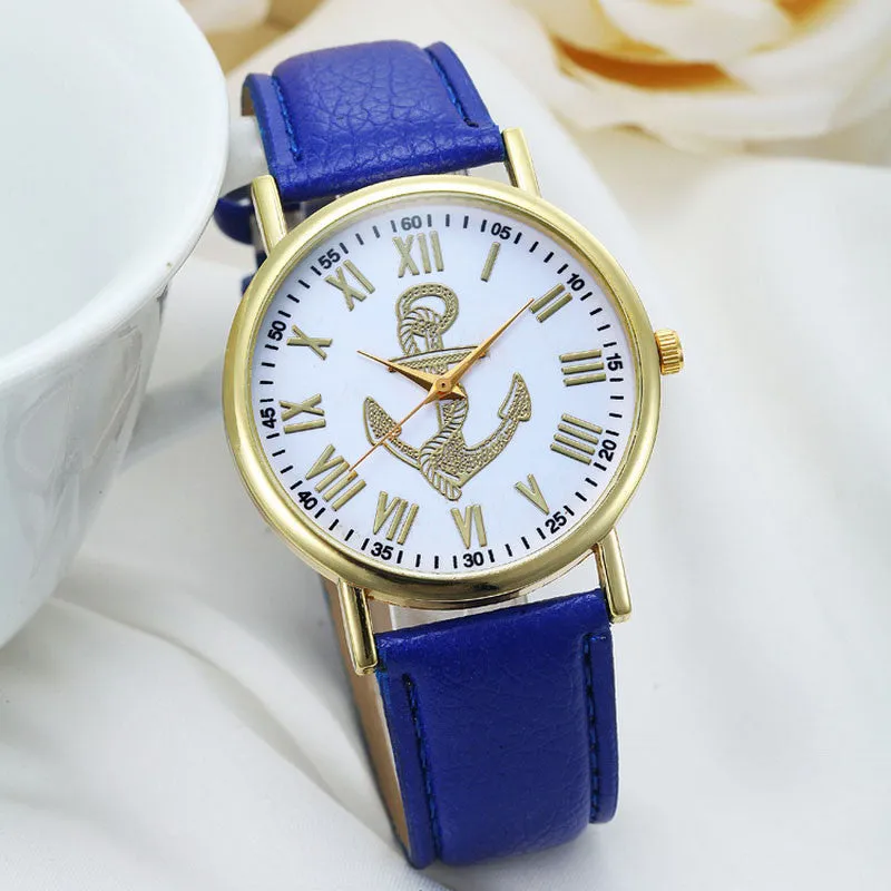 Fashion Roman Numerals Boat Anchor Faux PU Leather Luxury Brand Analog Quartz Watch Women Watches