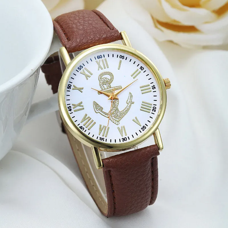 Fashion Roman Numerals Boat Anchor Faux PU Leather Luxury Brand Analog Quartz Watch Women Watches