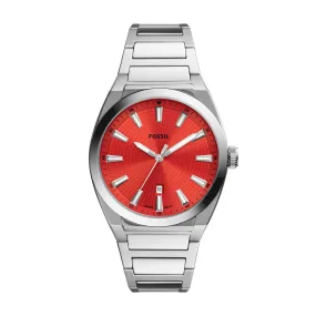 Fossil Everett Analog Red Dial Silver Band Men's Stainless Steel Watch-FS5984