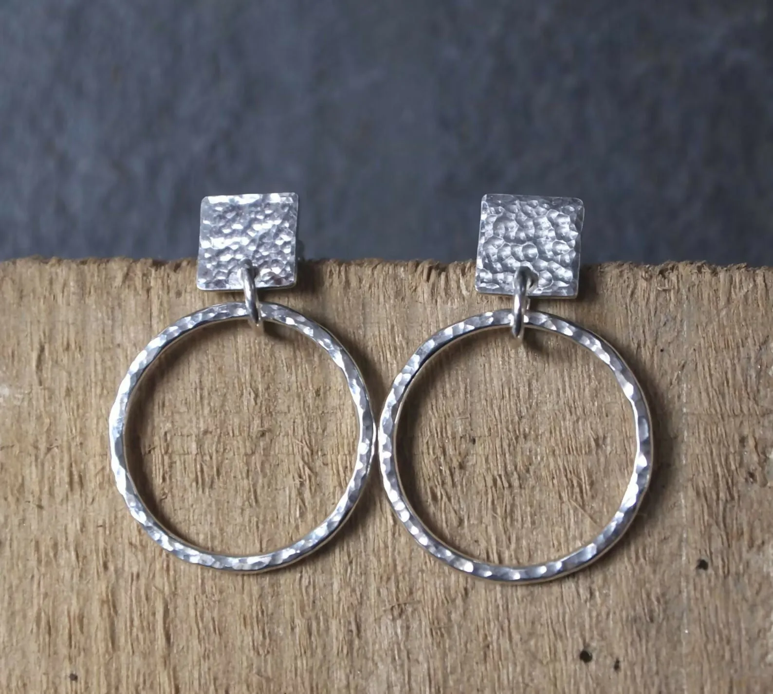 Hammered Silver Hoop Stud Earrings