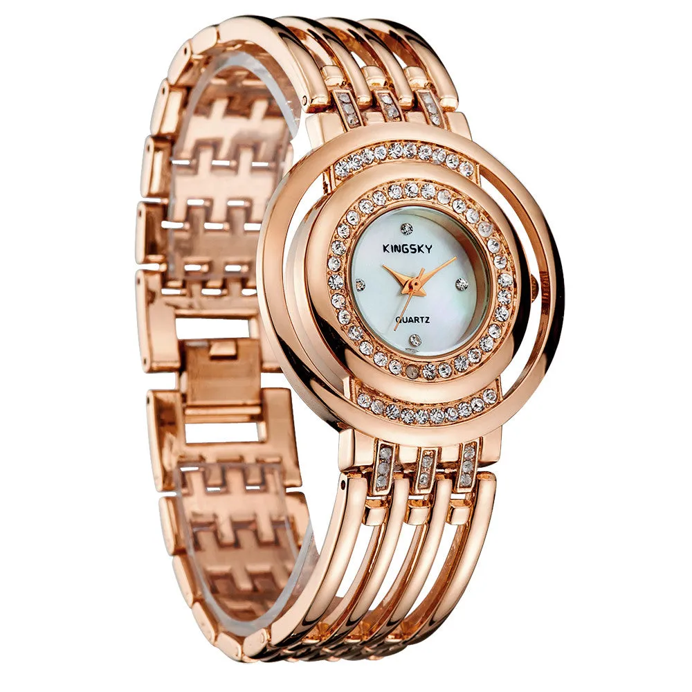 Hot Women Watches Luxury Brand Analog Display Stainless Steel Watch Band Rose Gold Ladies Women Rhinestone Watch