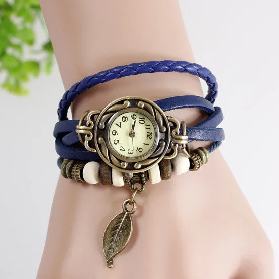 Leather strap leaf casual women vintage watch stainless steel analog round dial bracelet wristwatch quartz watch