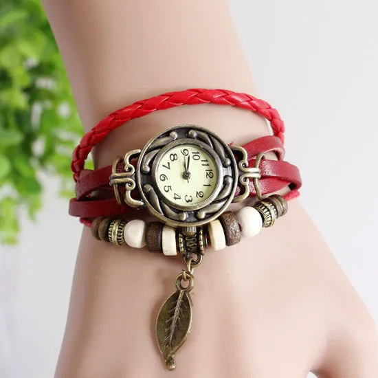 Leather strap leaf casual women vintage watch stainless steel analog round dial bracelet wristwatch quartz watch