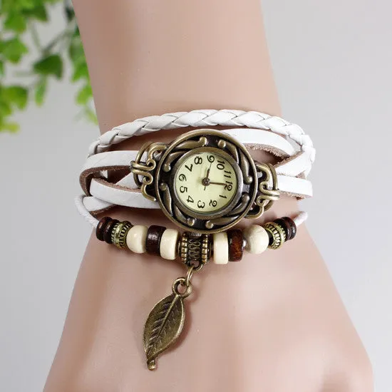 Leather strap leaf casual women vintage watch stainless steel analog round dial bracelet wristwatch quartz watch