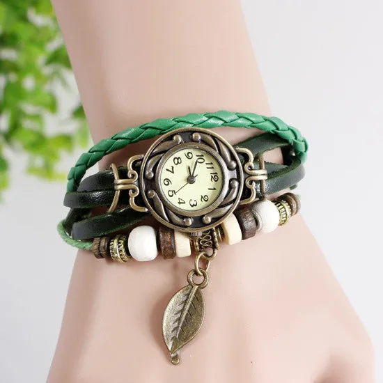 Leather strap leaf casual women vintage watch stainless steel analog round dial bracelet wristwatch quartz watch