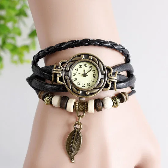 Leather strap leaf casual women vintage watch stainless steel analog round dial bracelet wristwatch quartz watch