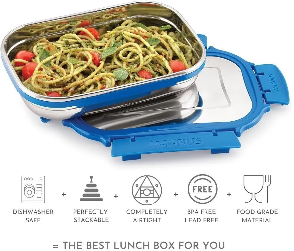 Magnus Bolt Deluxe Stainless Steel Lunch Box - 800ml BPA-Free, Leak-Proof Tiffin with Stainless Steel Lid, Air-Tight & Compact Food Storage Container - Ideal Lunch Box for Kids & Office Men