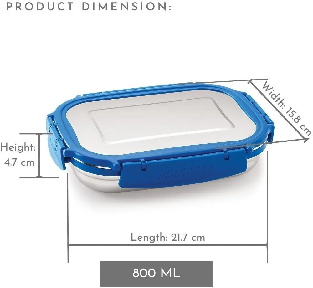 Magnus Bolt Deluxe Stainless Steel Lunch Box - 800ml BPA-Free, Leak-Proof Tiffin with Stainless Steel Lid, Air-Tight & Compact Food Storage Container - Ideal Lunch Box for Kids & Office Men