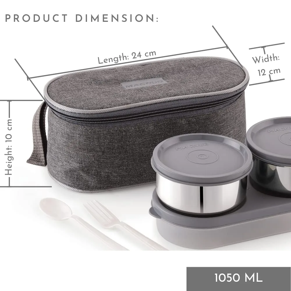 Magnus Feast 3 Grey Stainless Steel Lunch Box Set | 1150ml Leakproof Tiffin box for Men & Women